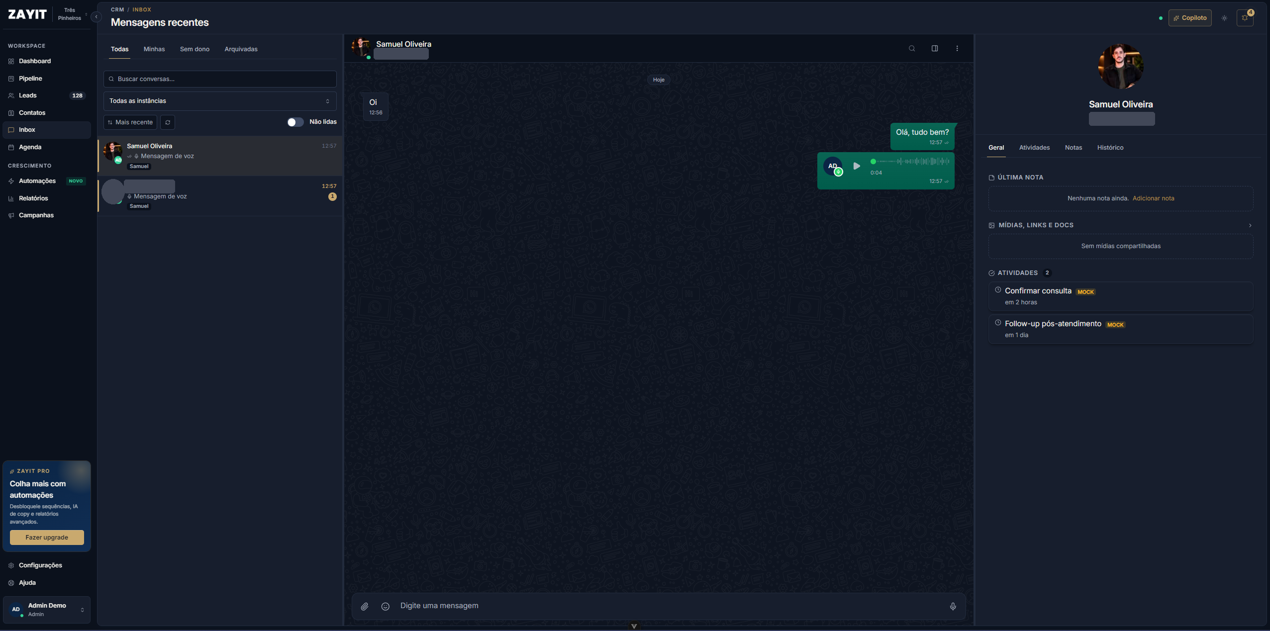Zayit CRM inbox and chat screen